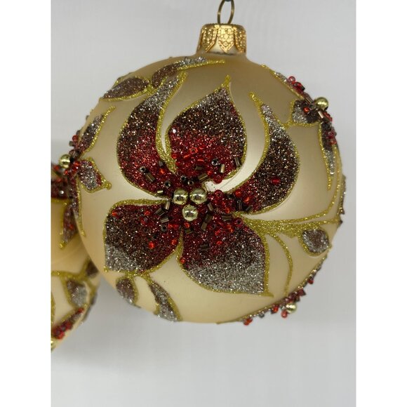 Vintage Kirkland Jeweled Poinsettia Glass Ornament Seed Beads Gliter Ball pair - Picture 2 of 13